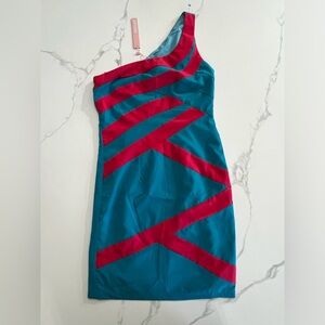 NWT MINUET one shoulder blue and pink striped mini dress size small